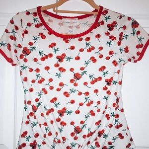 A soft cherry shirt, with a tie at the bottom.